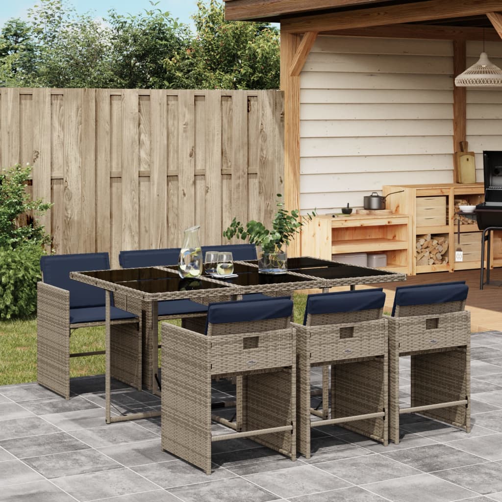 JUNG Vida 7-teiliges Garten-Ess-Set mit Kissen, grau, Polyrattan