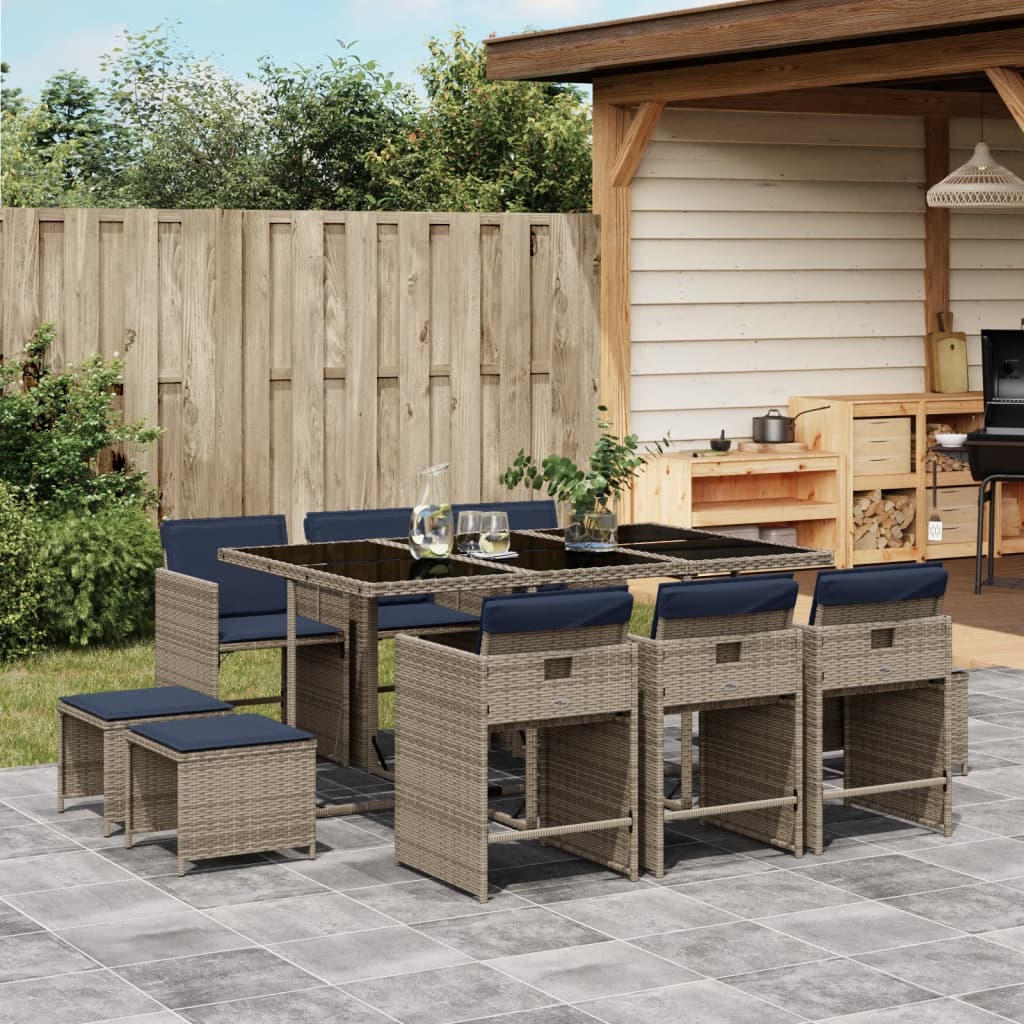 JUNG Vida 11-teiliges Garten-Ess-Set mit Kissen, grau, Polyrattan