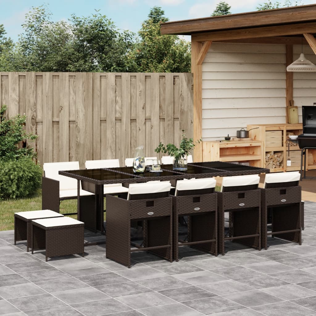 JUNG Vida 13-tlg. Garten-Essgruppe mit Kissen Braun Poly Rattan