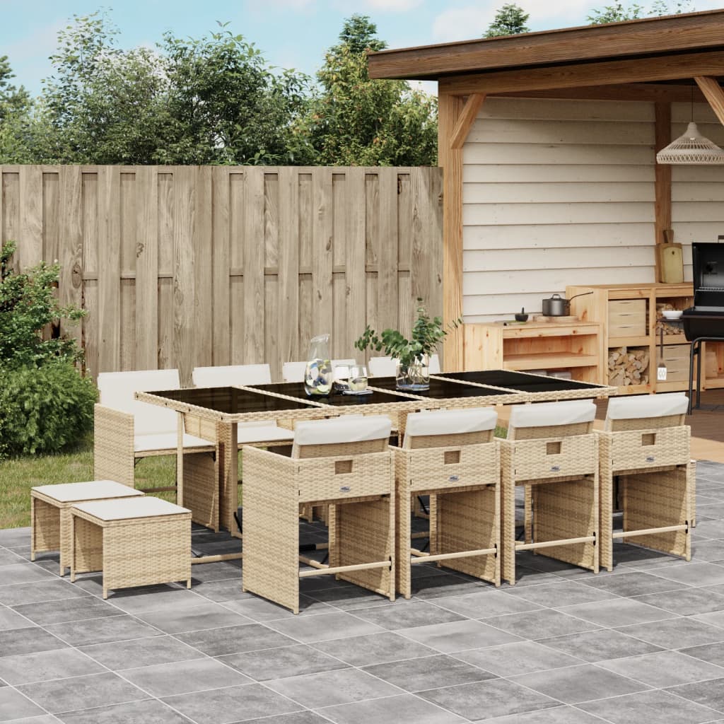 JUNG Vida 13-tlg. Garten-Essgruppe mit Kissen Beige Poly Rattan