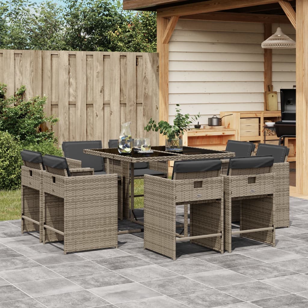 JUNG Vida 9-tlg. Garten-Essgruppe mit Kissen Grau Poly Rattan