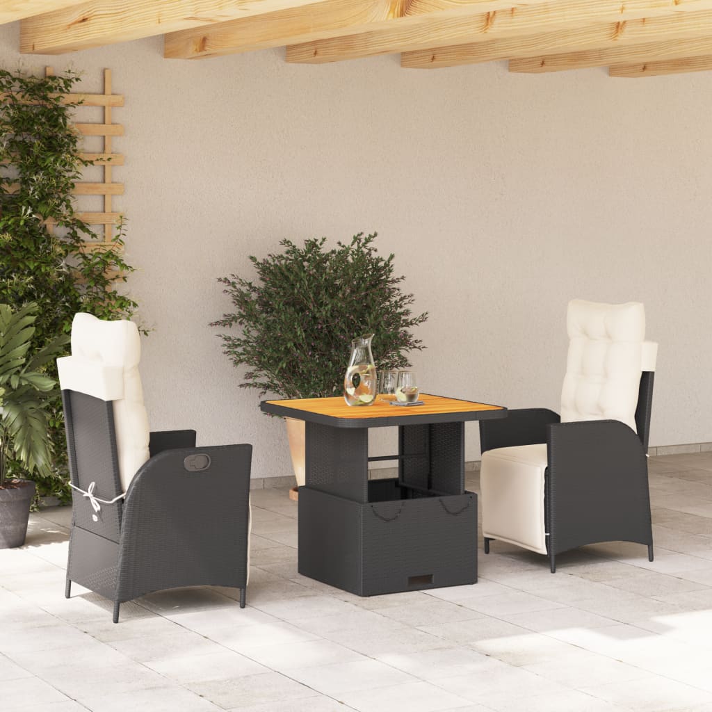 JUNG Vida 3-tlg. Garten-Essgruppe mit Kissen Schwarz Poly Rattan