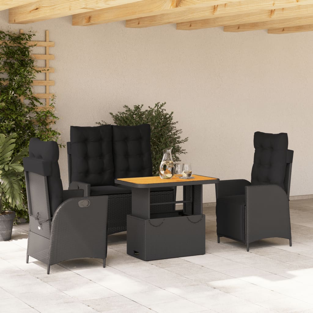 JUNG Vida 4-tlg. Garten-Essgruppe mit Kissen Schwarz Poly Rattan