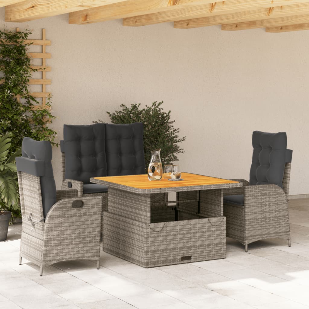 JUNG Vida 4-tlg. Garten-Essgruppe mit Kissen Grau Poly Rattan