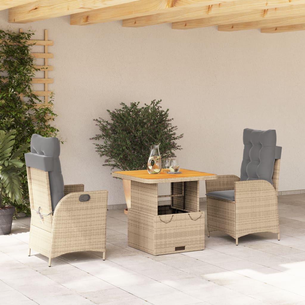 JUNG Vida 3-tlg. Garten-Essgruppe mit Kissen Beige Poly Rattan