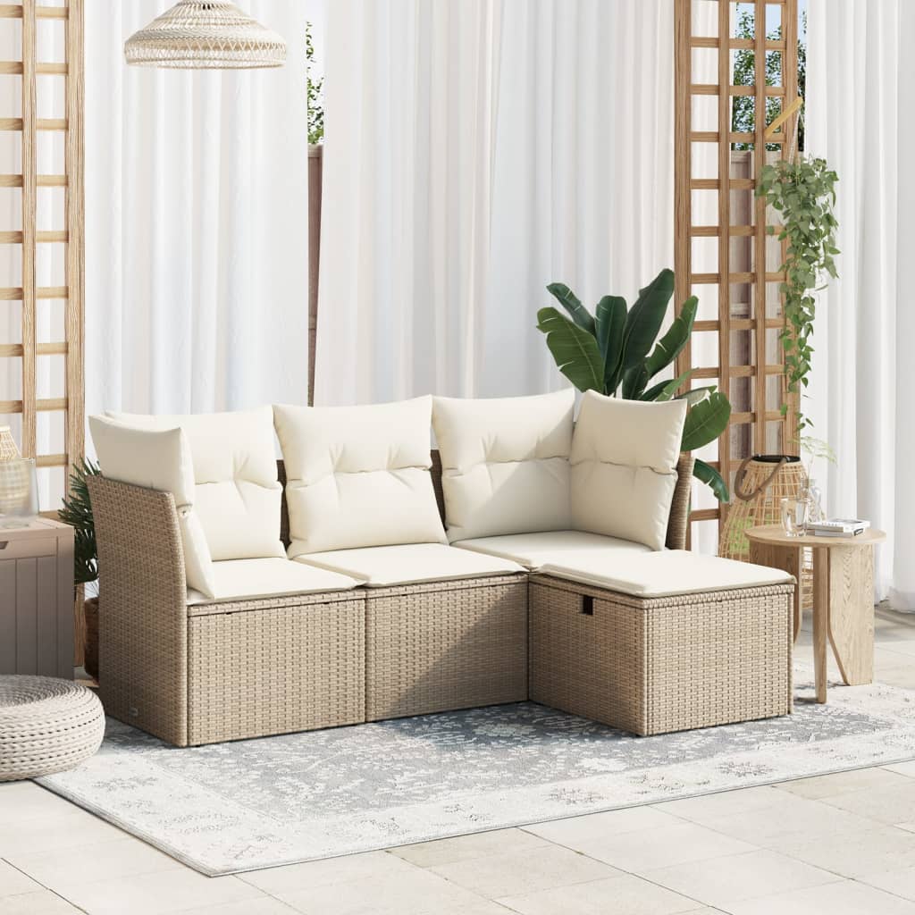 JUNG Vida 4-tlg. Garten-Sofagarnitur mit Kissen Beige Poly Rattan