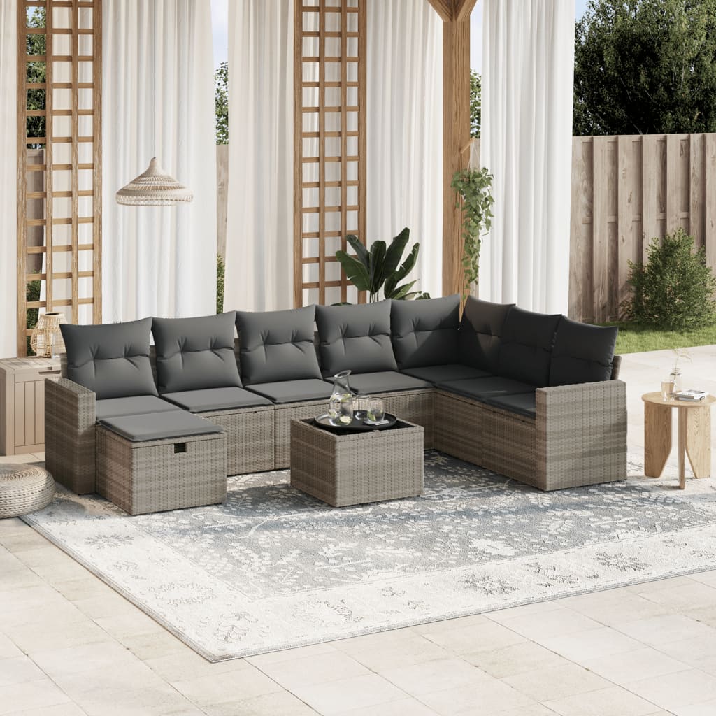 JUNG Vida 9-tlg. Garten-Sofagarnitur mit Kissen Hellgrau Poly Rattan