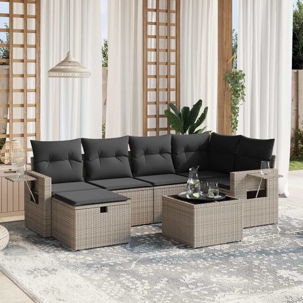 JUNG Vida 7-tlg. Garten-Sofagarnitur mit Kissen Grau Poly Rattan