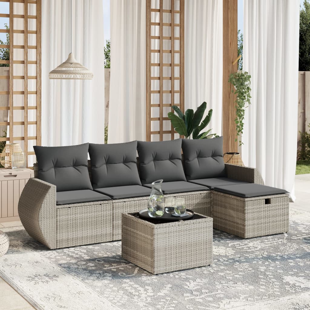 JUNG Vida 6-tlg. Garten-Sofagarnitur mit Kissen Hellgrau Poly Rattan