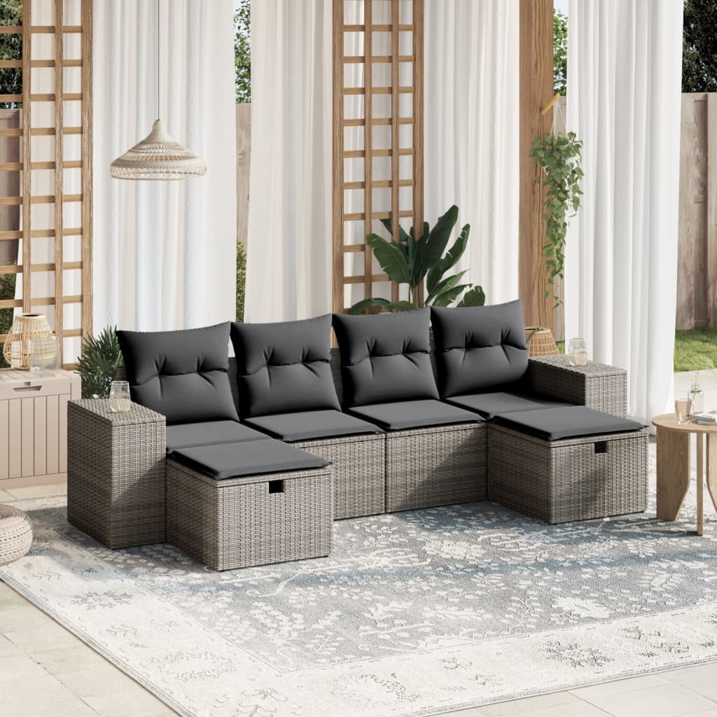 JUNG Vida 6-tlg. Garten-Sofagarnitur mit Kissen Grau Poly Rattan