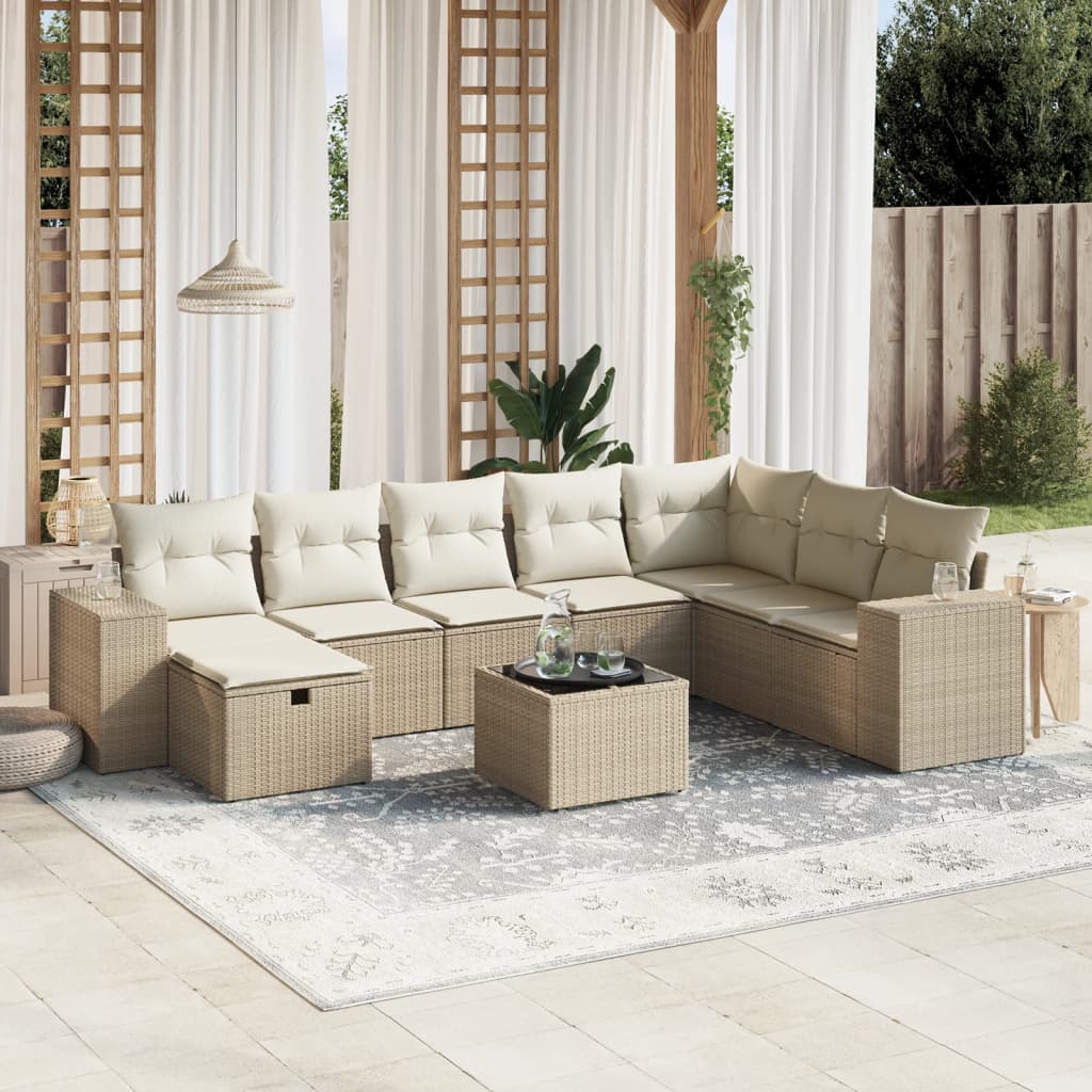 JUNG Vida 9-tlg. Garten-Sofagarnitur mit Kissen Beige Poly Rattan