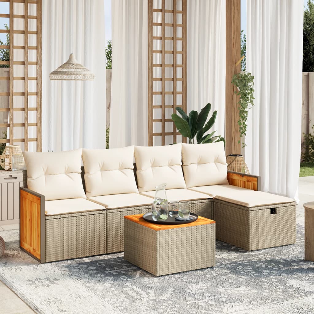 JUNG Vida 6-tlg. Garten-Sofagarnitur mit Kissen Beige Poly Rattan