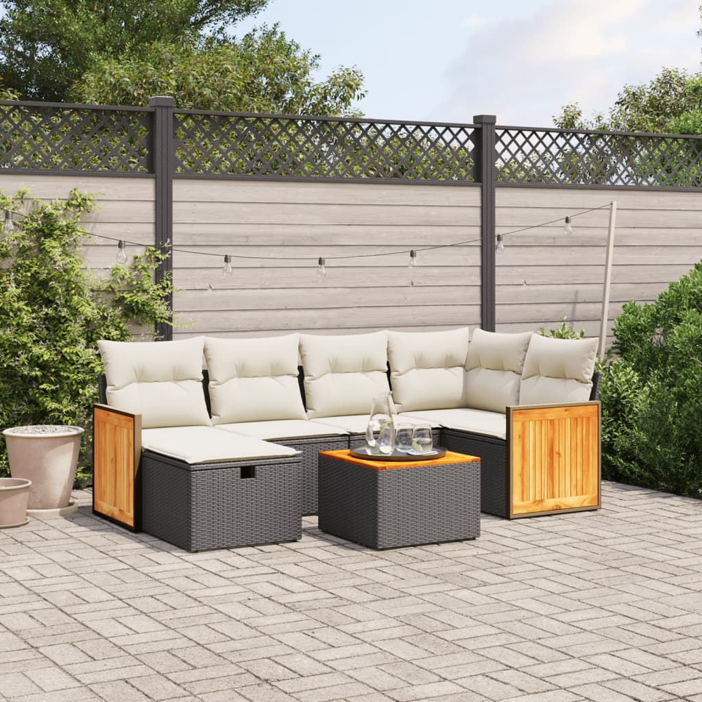 JUNG Vida 7-tlg. Garten-Sofagarnitur mit Kissen Schwarz Poly Rattan