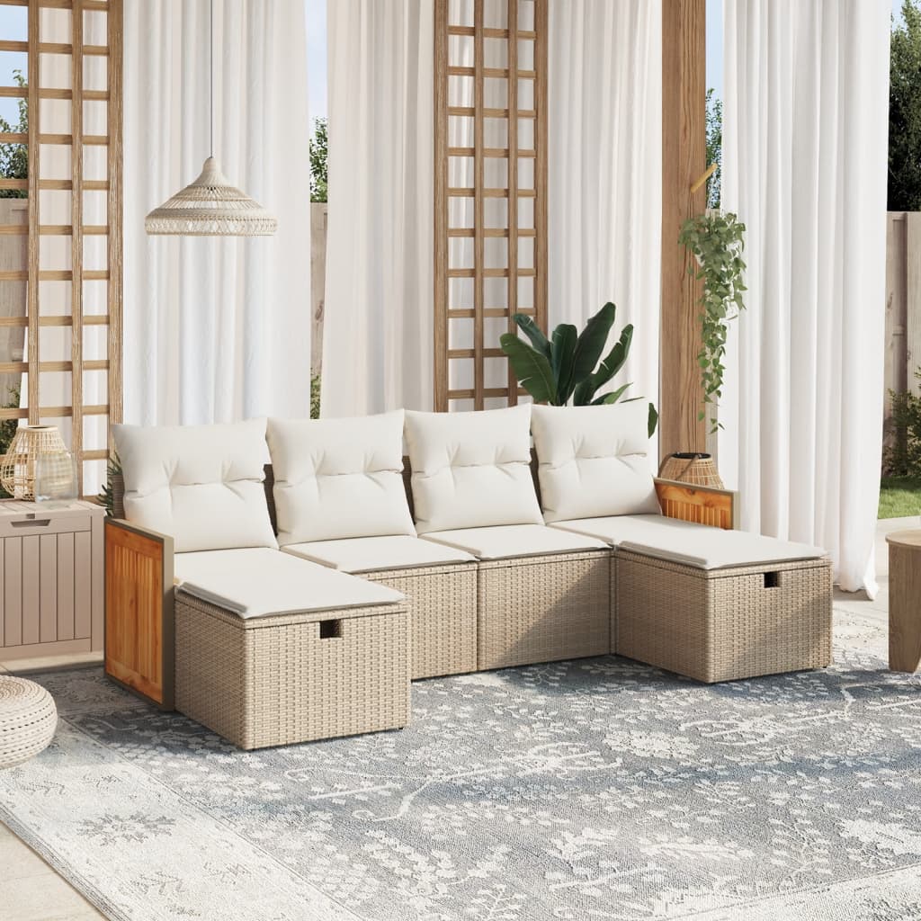 JUNG Vida 6-tlg. Garten-Sofagarnitur mit Kissen Beige Poly Rattan