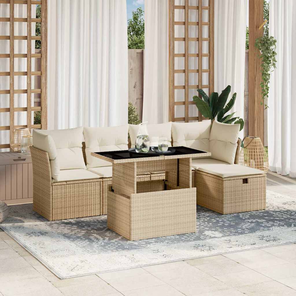JUNG Vida 6-tlg. Garten-Sofagarnitur mit Kissen Beige Poly Rattan