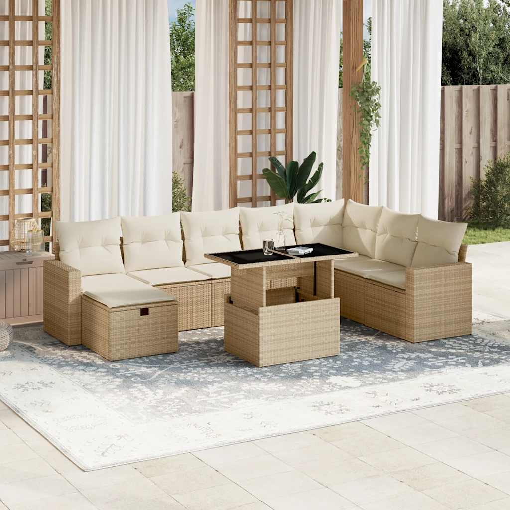 JUNG Vida 9-tlg. Garten-Sofagarnitur mit Kissen Beige Poly Rattan