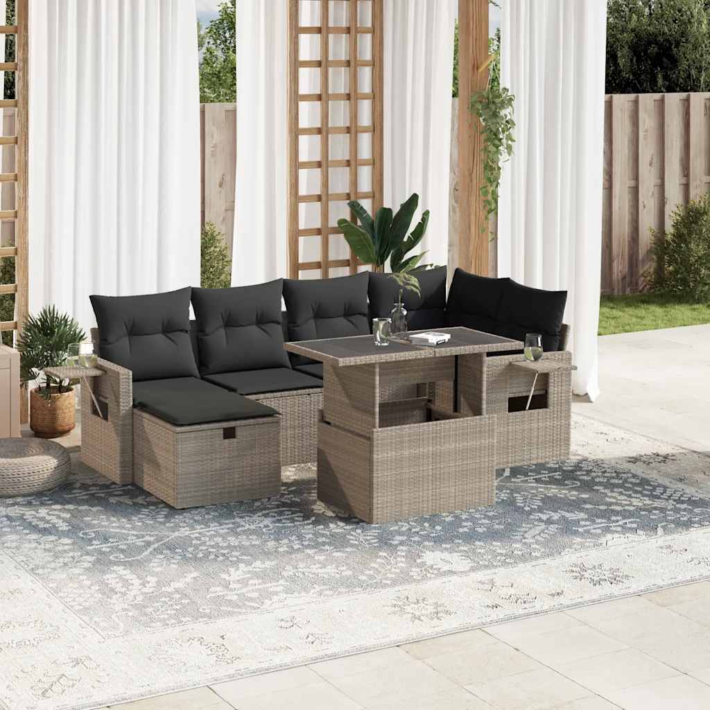 JUNG Vida 7-tlg. Garten-Sofagarnitur mit Kissen Hellgrau Poly Rattan