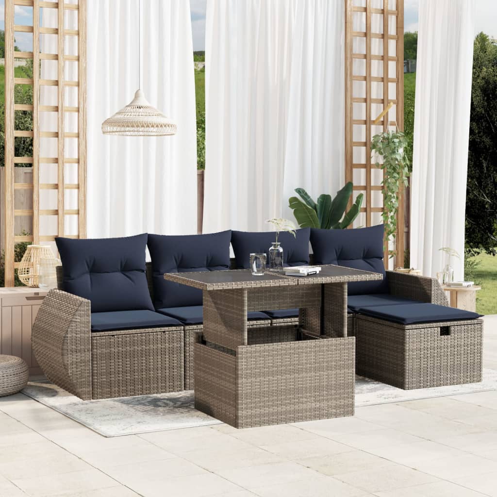 JUNG Vida 6-teiliges Gartensofa-Set mit Kissen, grau, Polyrattan