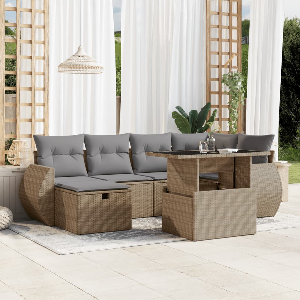 JUNG Vida 7-tlg. Garten-Sofagarnitur mit Kissen Beige Poly Rattan