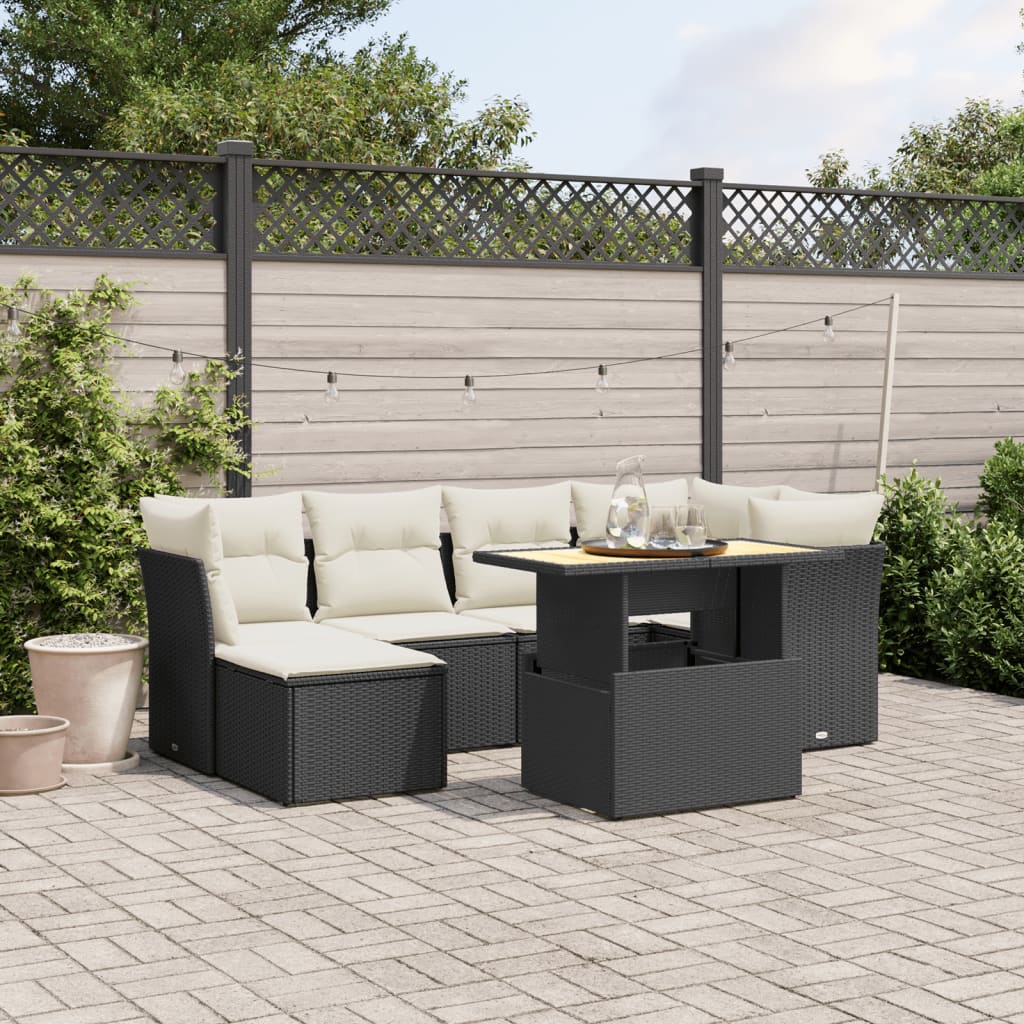 JUNG Vida 7-tlg. Garten-Sofagarnitur mit Kissen Schwarz Poly Rattan