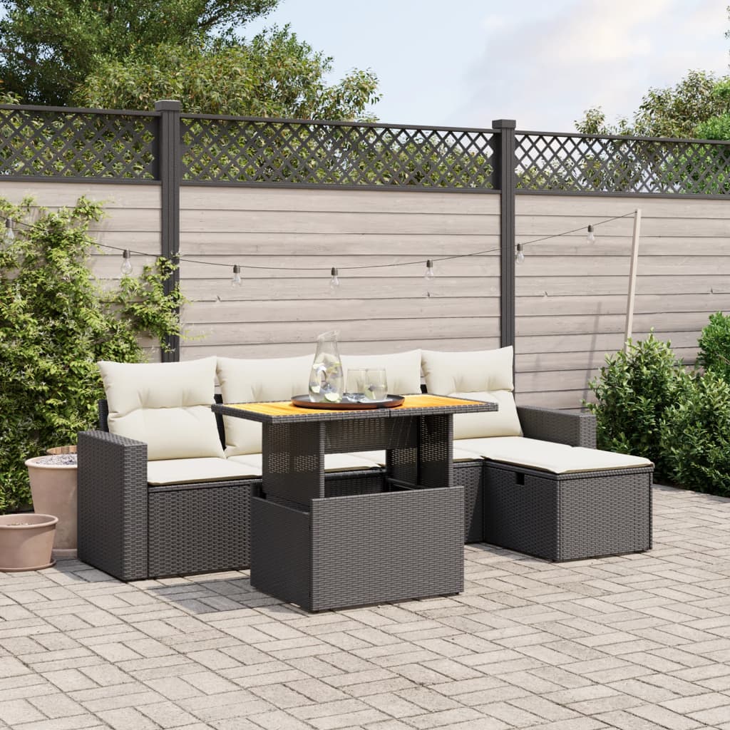 JUNG Vida 6-tlg. Garten-Sofagarnitur mit Kissen Schwarz Poly Rattan