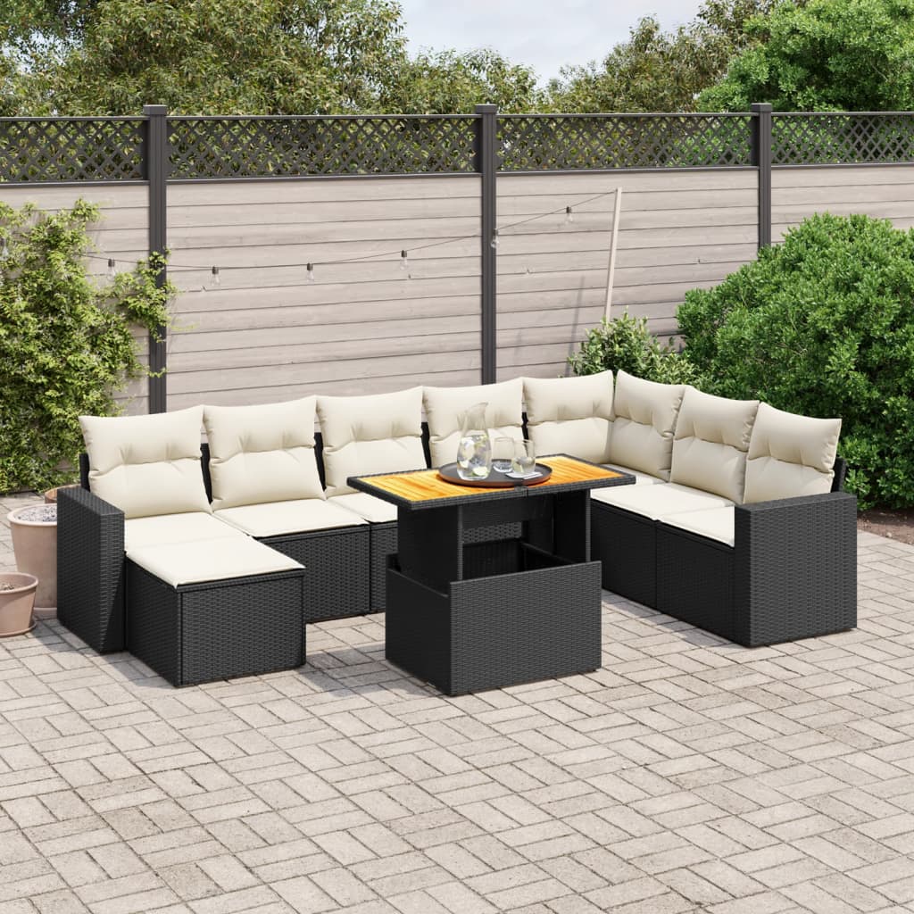 JUNG Vida 9-tlg. Garten-Sofagarnitur mit Kissen Schwarz Poly Rattan
