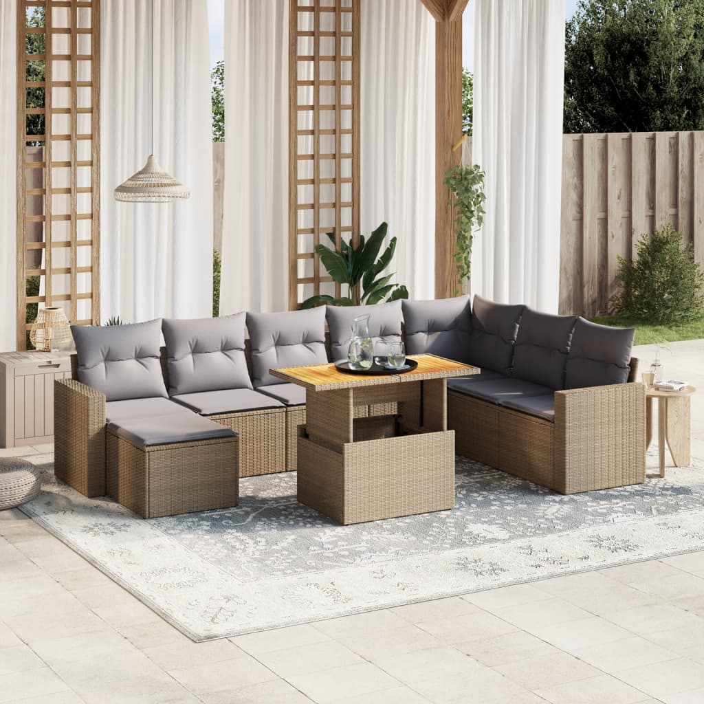 JUNG Vida 9-tlg. Garten-Sofagarnitur mit Kissen Beige Poly Rattan