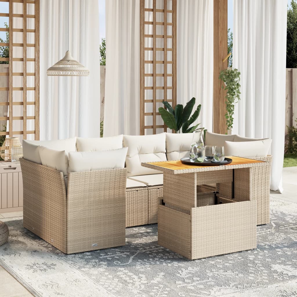 JUNG Vida 7-tlg. Garten-Sofagarnitur mit Kissen Beige Poly Rattan