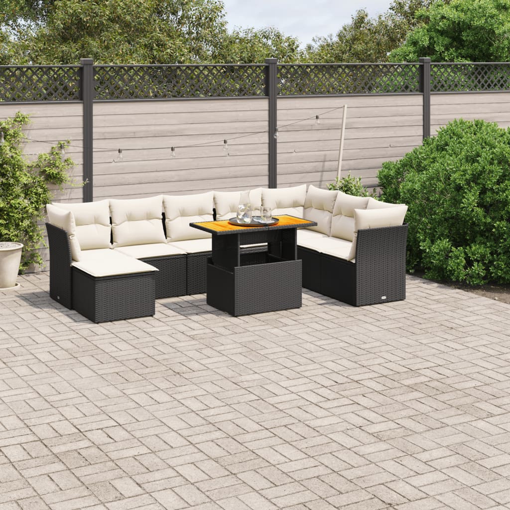 JUNG Vida 9-tlg. Garten-Sofagarnitur mit Kissen Schwarz Poly Rattan