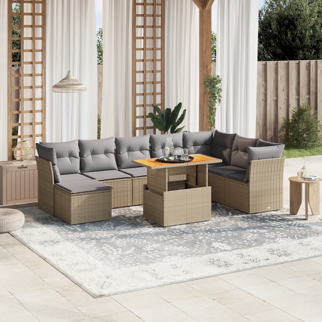 JUNG Vida 9-tlg. Garten-Sofagarnitur mit Kissen Beige Poly Rattan