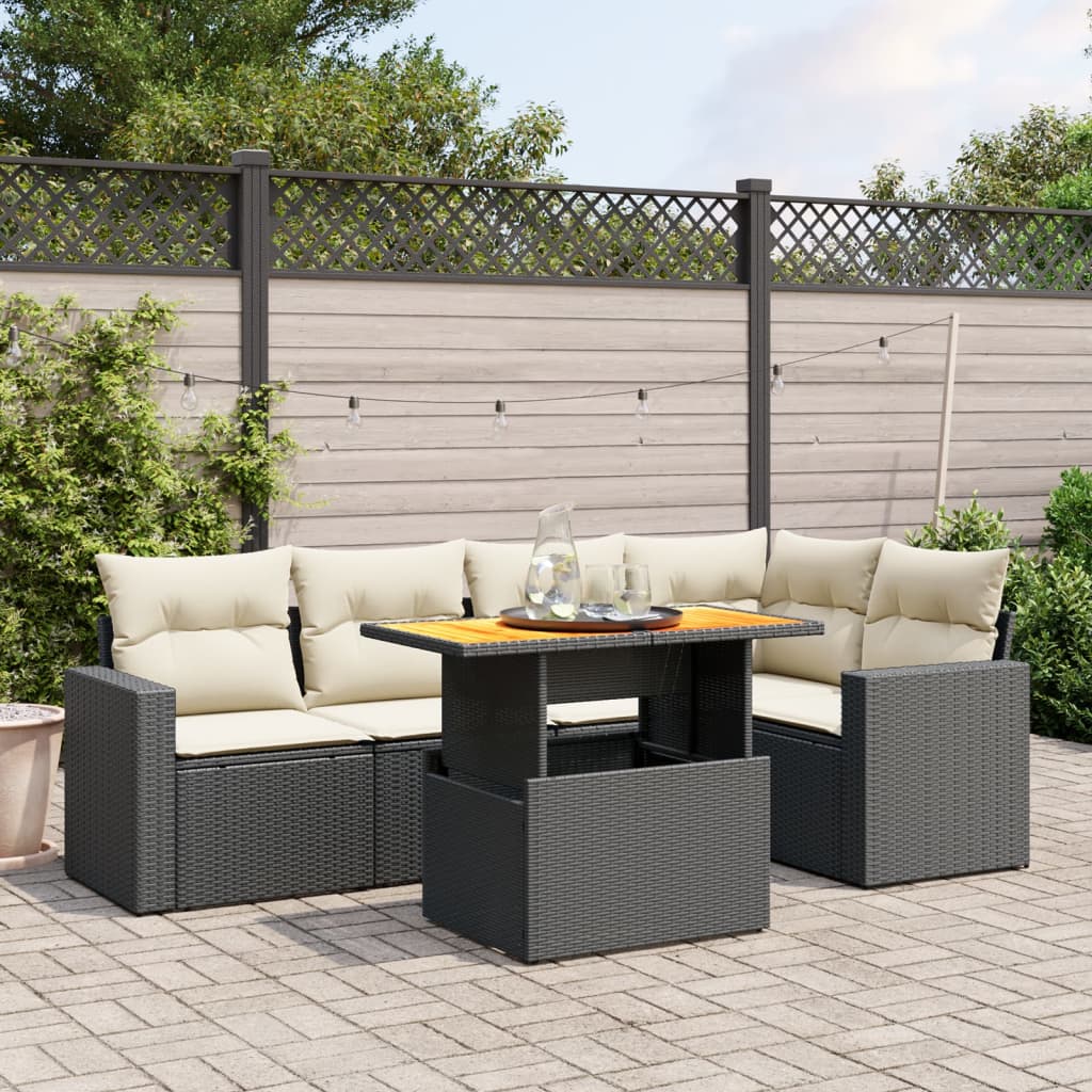 JUNG Vida 6-tlg. Garten-Sofagarnitur mit Kissen Schwarz Poly Rattan