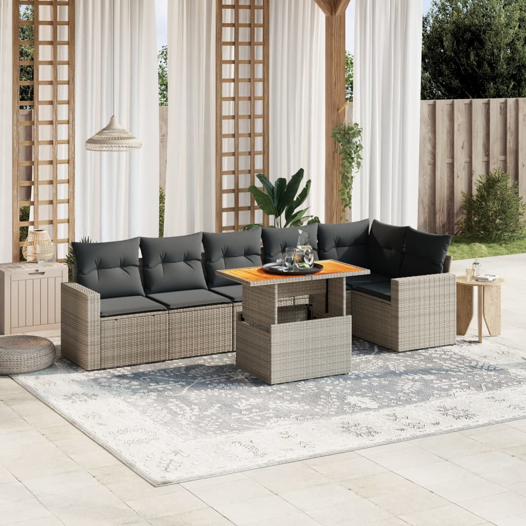 JUNG Vida 7-tlg. Garten-Sofagarnitur mit Kissen Grau Poly Rattan