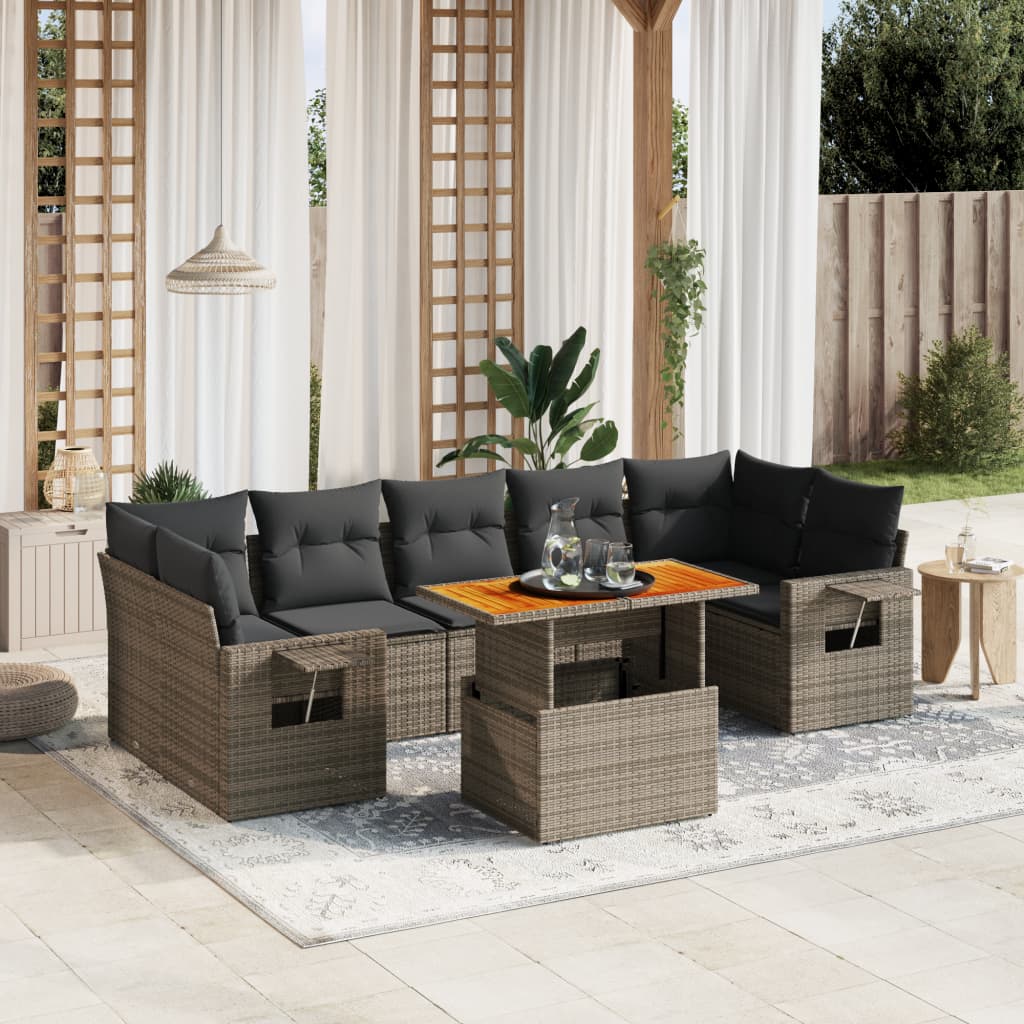 JUNG Vida 8-tlg. Garten-Sofagarnitur mit Kissen Grau Poly Rattan