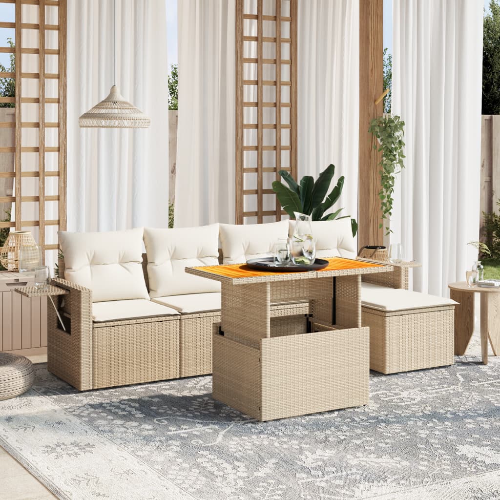 JUNG Vida 6-tlg. Garten-Sofagarnitur mit Kissen Beige Poly Rattan