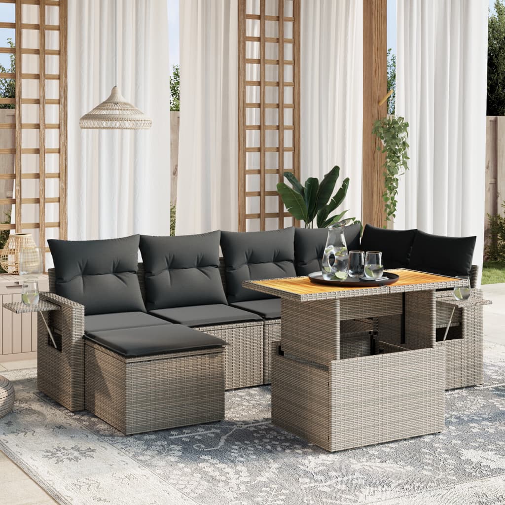 JUNG Vida 7-tlg. Garten-Sofagarnitur mit Kissen Grau Poly Rattan