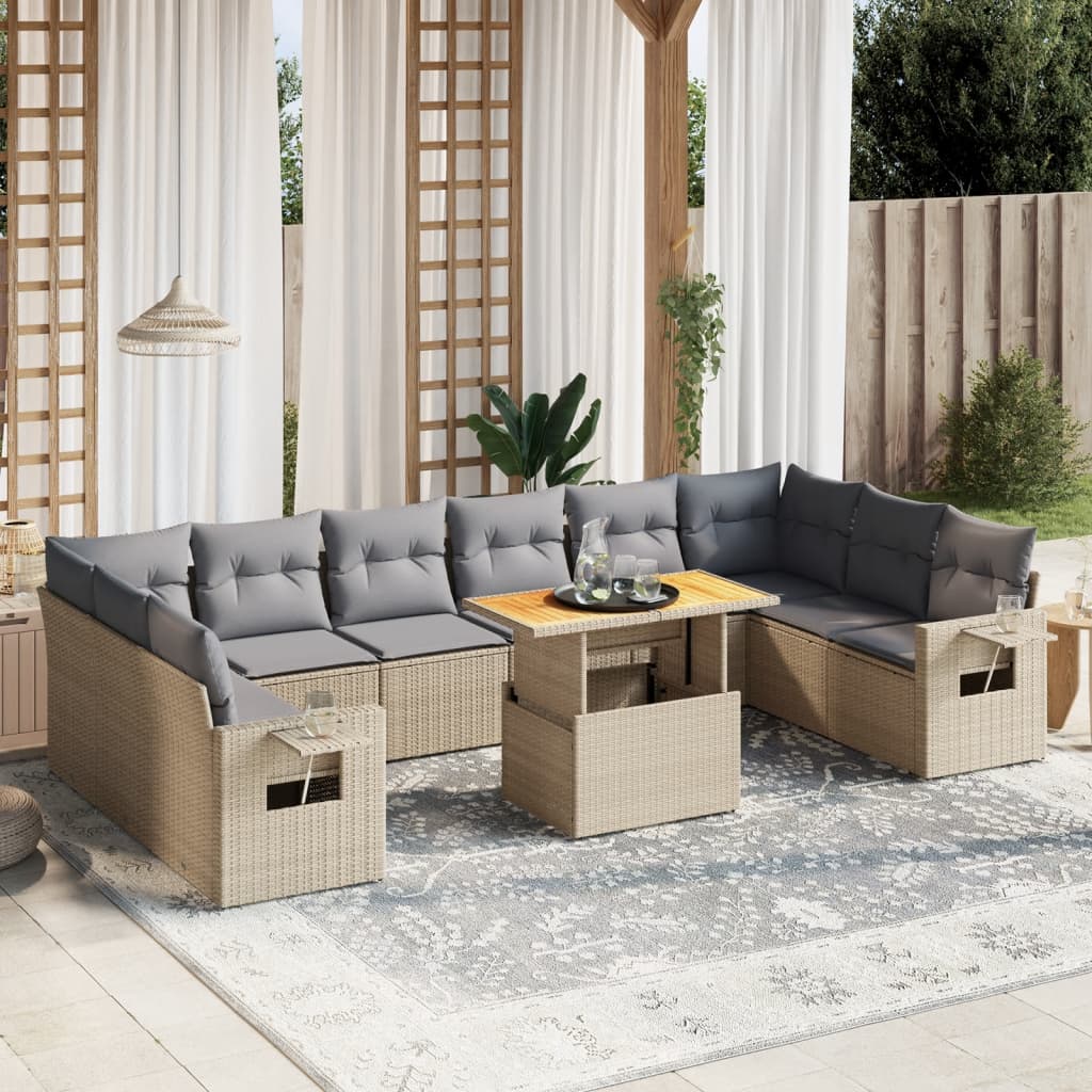 JUNG Vida 11-tlg. Garten-Sofagarnitur mit Kissen Beige Poly Rattan