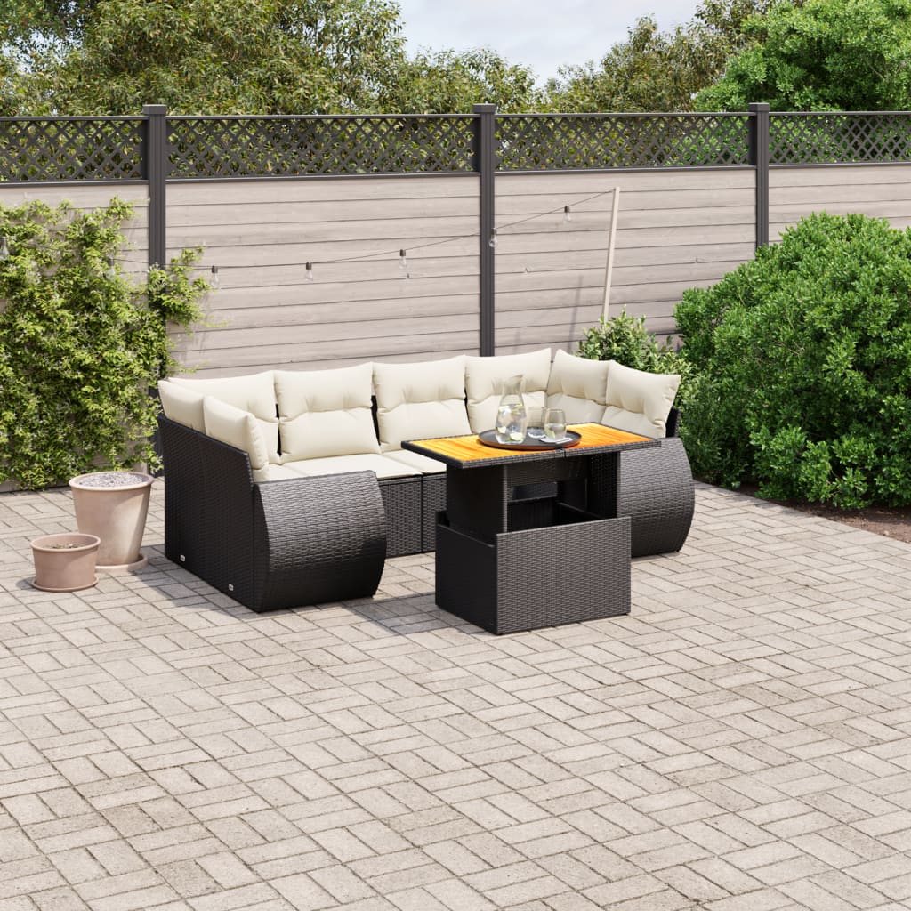 JUNG Vida 7-tlg. Garten-Sofagarnitur mit Kissen Schwarz Poly Rattan