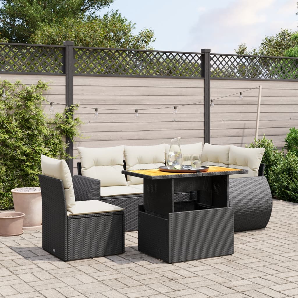 JUNG Vida 6-tlg. Garten-Sofagarnitur mit Kissen Schwarz Poly Rattan