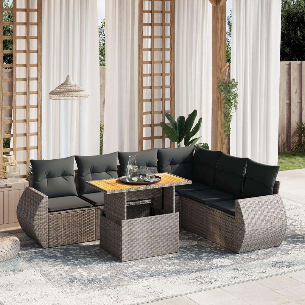 JUNG Vida 7-tlg. Garten-Sofagarnitur mit Kissen Grau Poly Rattan