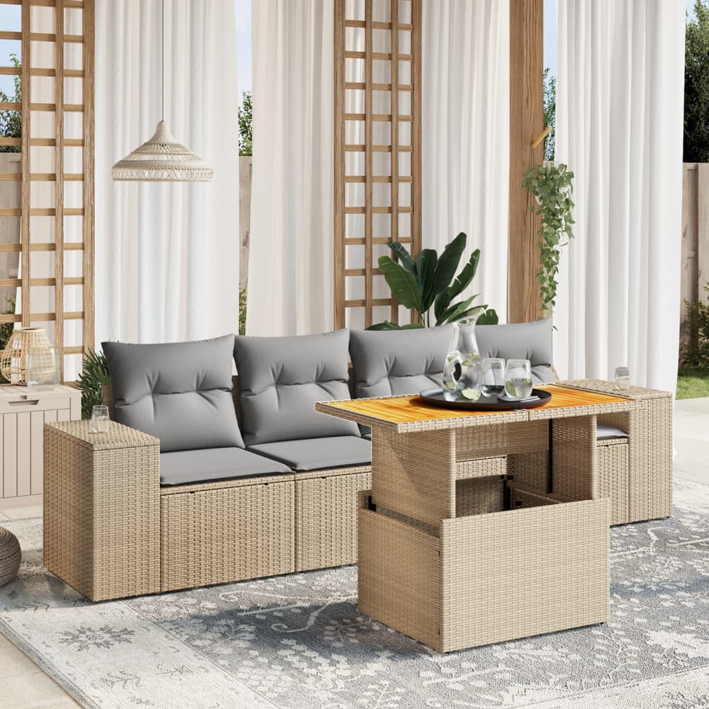 JUNG Vida 5-tlg. Garten-Sofagarnitur mit Kissen Beige Poly Rattan