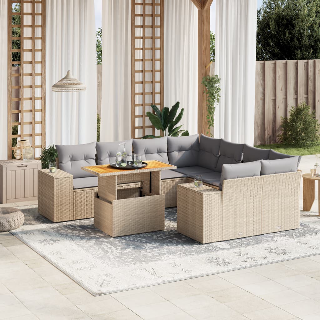 JUNG Vida 9-tlg. Garten-Sofagarnitur mit Kissen Beige Poly Rattan