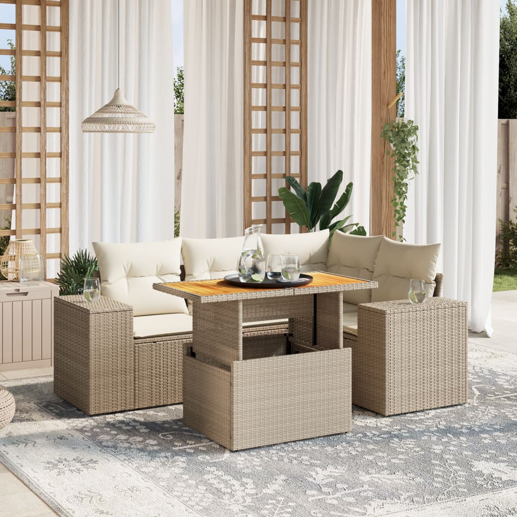 JUNG Vida 5-tlg. Garten-Sofagarnitur mit Kissen Beige Poly Rattan