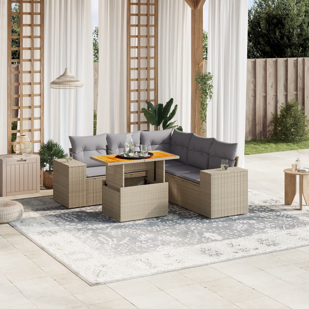 JUNG Vida 6-tlg. Garten-Sofagarnitur mit Kissen Beige Poly Rattan
