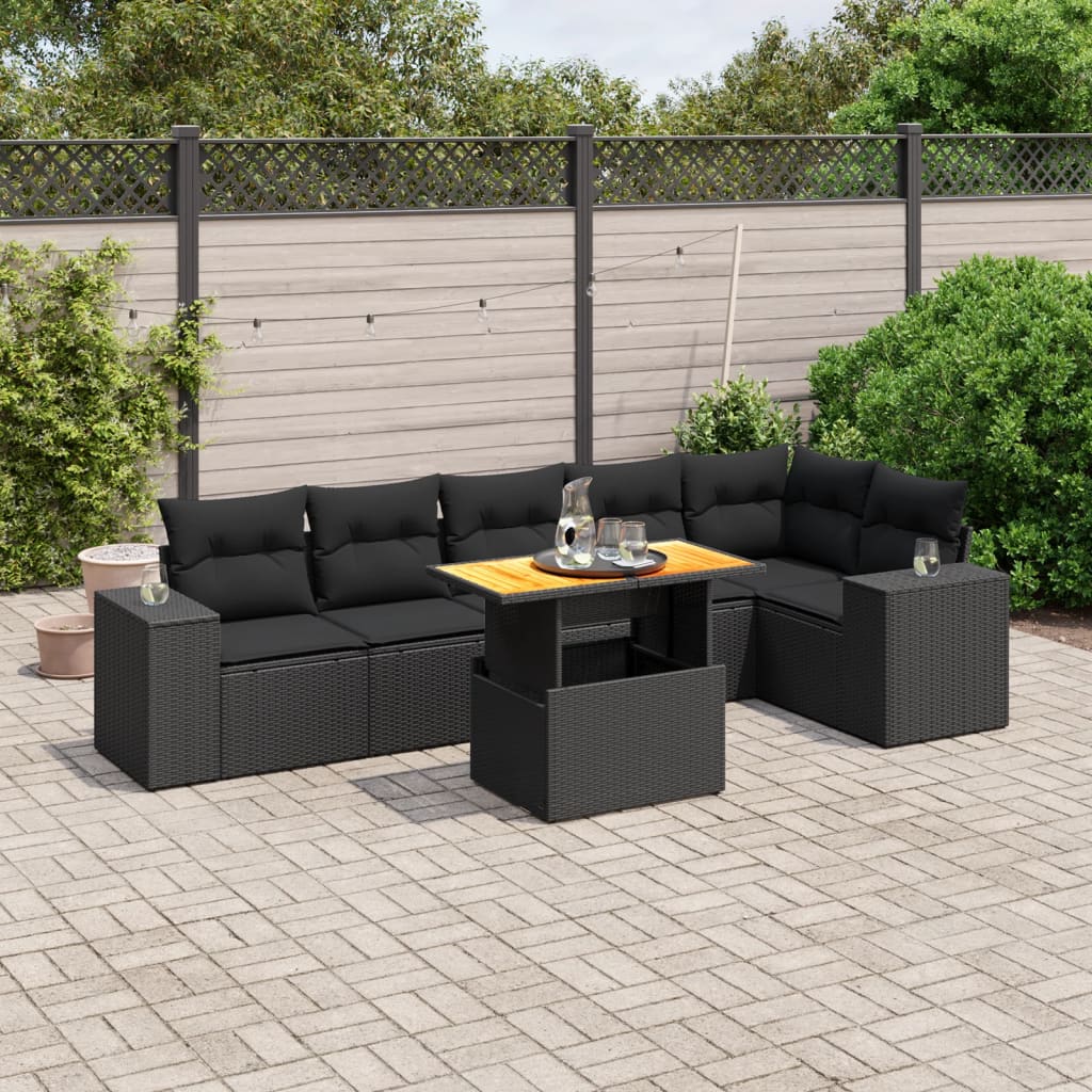 JUNG Vida 7-tlg. Garten-Sofagarnitur mit Kissen Schwarz Poly Rattan