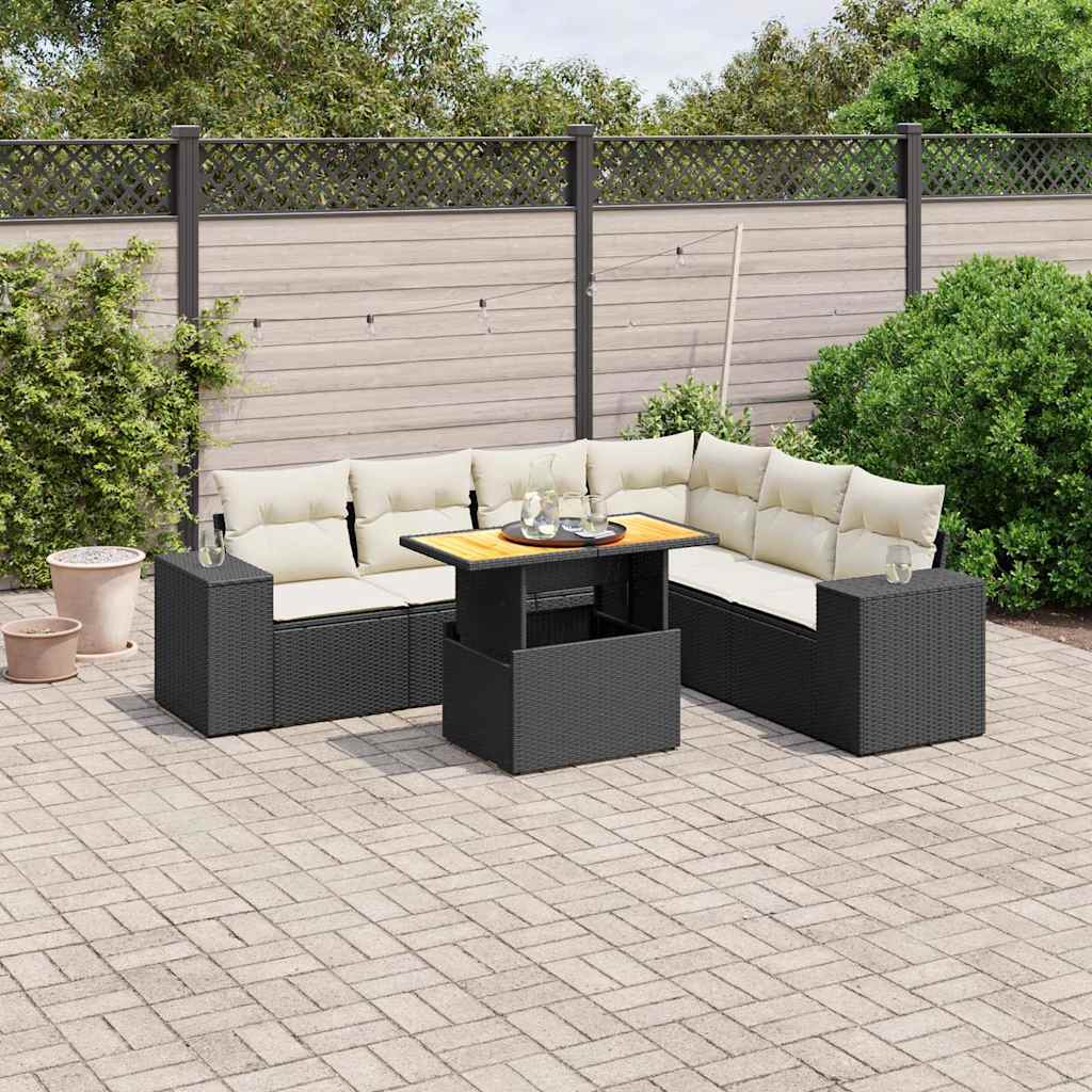 JUNG Vida 7-tlg. Garten-Sofagarnitur mit Kissen Schwarz Poly Rattan
