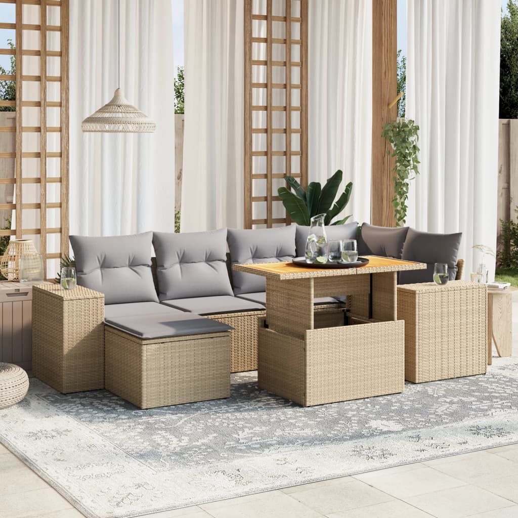 JUNG Vida 7-tlg. Garten-Sofagarnitur mit Kissen Beige Poly Rattan