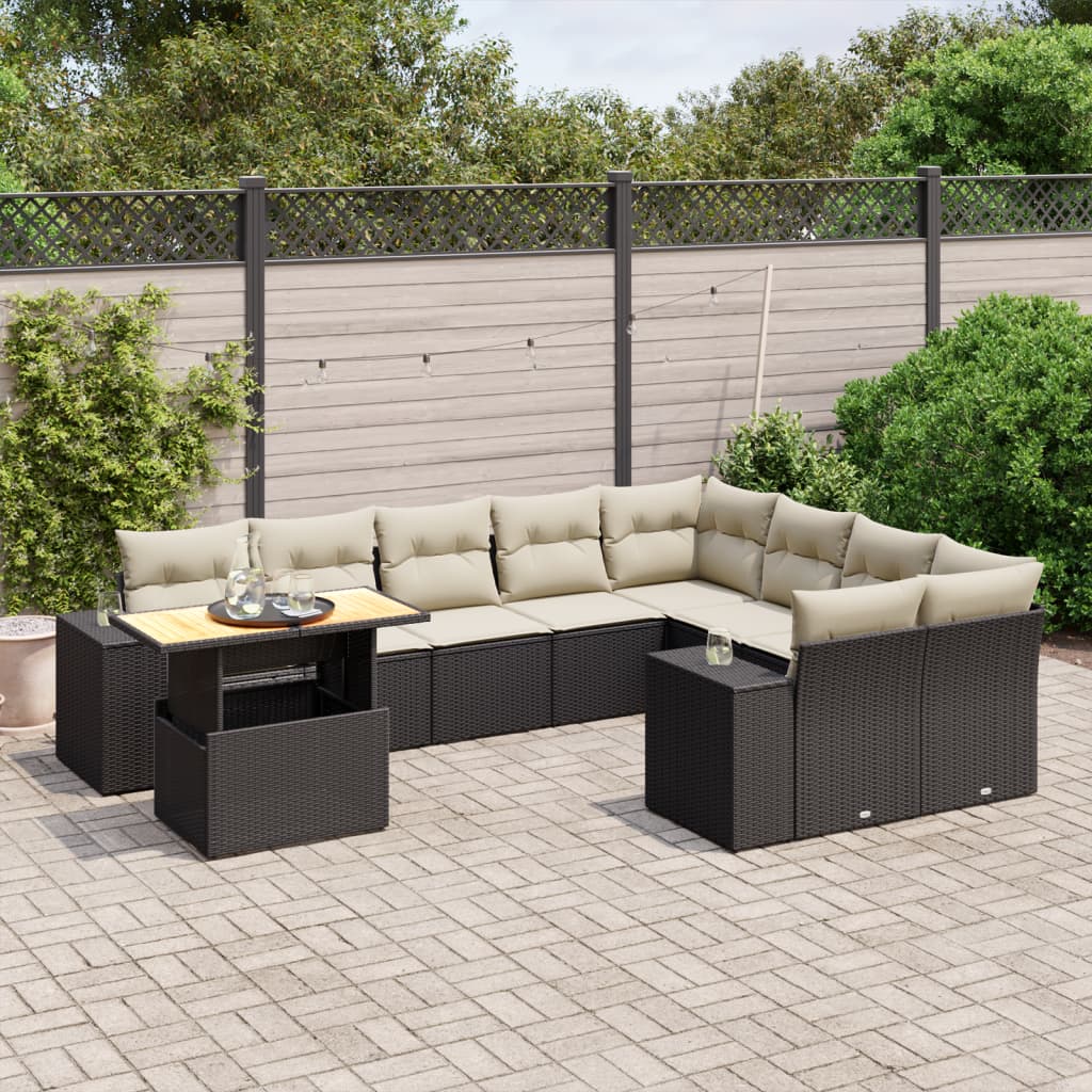 JUNG Vida 10-tlg. Garten-Sofagarnitur mit Kissen Schwarz Poly Rattan