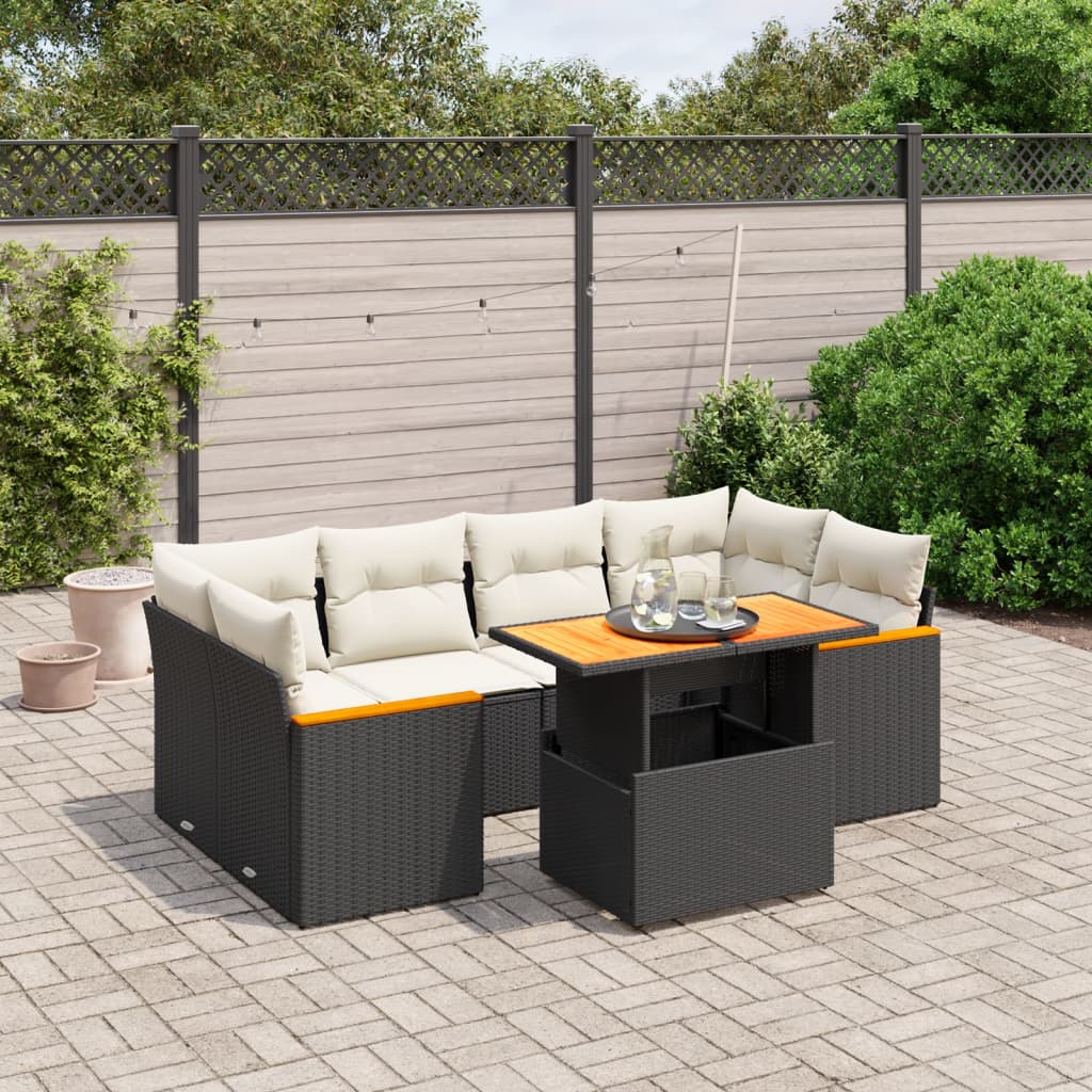 JUNG Vida 7-tlg. Garten-Sofagarnitur mit Kissen Schwarz Poly Rattan