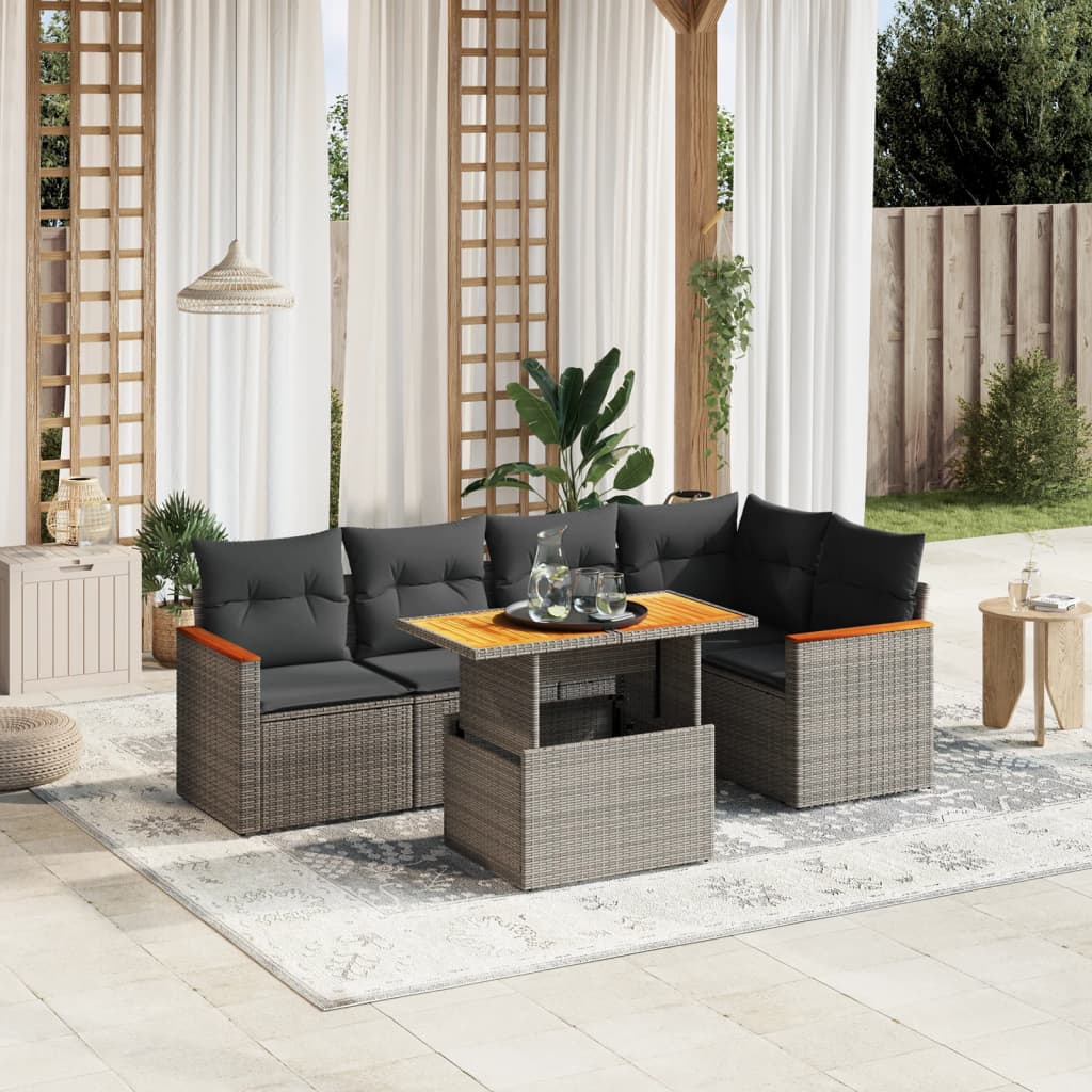 JUNG Vida 6-tlg. Garten-Sofagarnitur mit Kissen Grau Poly Rattan
