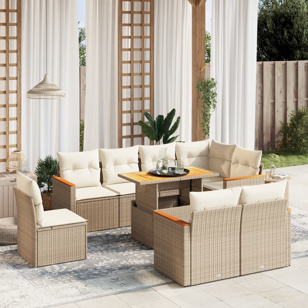 JUNG Vida 9-tlg. Garten-Sofagarnitur mit Kissen Beige Poly Rattan